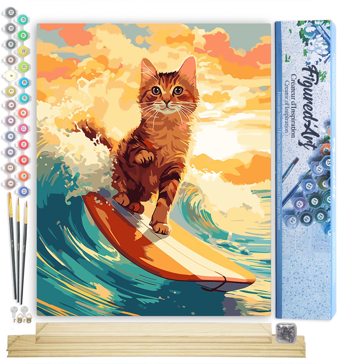 FiguredArt Schilderen op Nummer Volwassenen canvas Surfende kat- Handwerk acrylverf Kit DIY Compleet - 40x50cm met DIY houten lijst